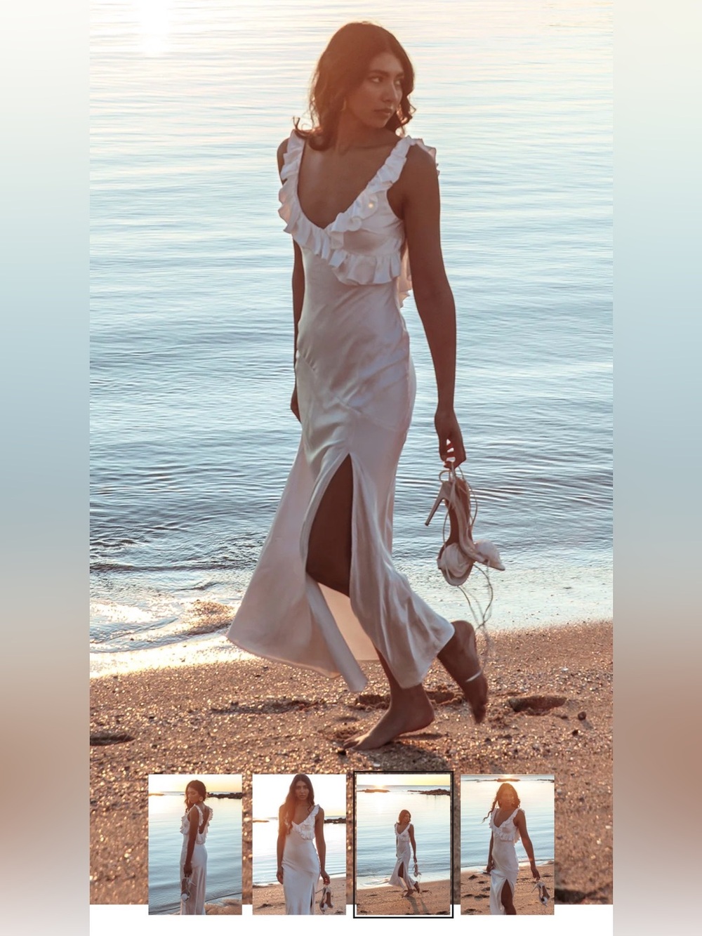 Elegant White Ruffle-Trim Maxi Dress with Side Slit